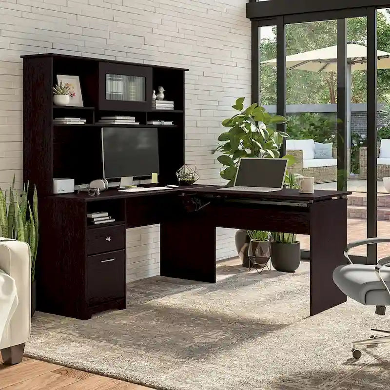 60" L-Shaped Sit-to-Stand Desk with Hutch and File Drawer