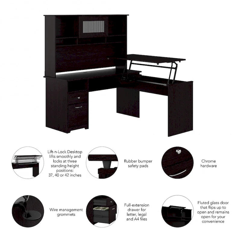 60" L-Shaped Sit-to-Stand Desk with Hutch and File Drawer