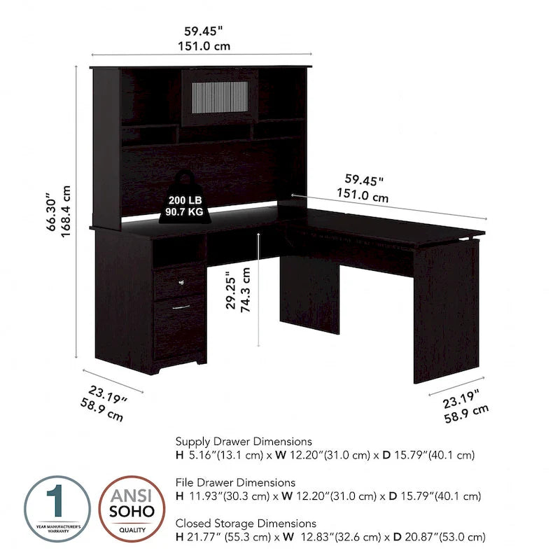 60" L-Shaped Sit-to-Stand Desk with Hutch and File Drawer