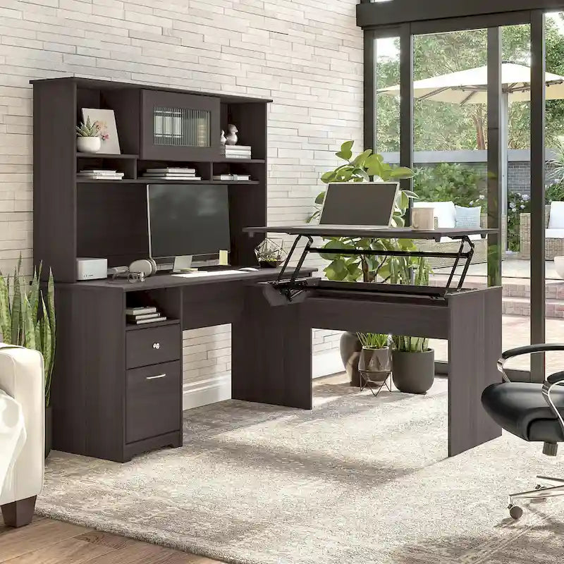 60" L-Shaped Sit-to-Stand Desk with Hutch and File Drawer