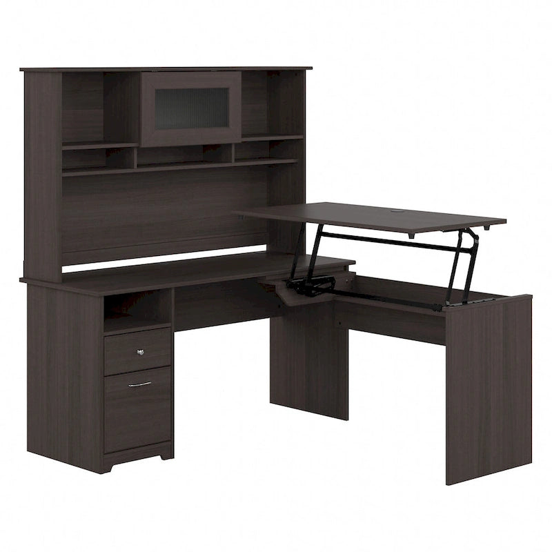 60" L-Shaped Sit-to-Stand Desk with Hutch and File Drawer