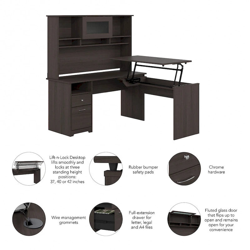 60" L-Shaped Sit-to-Stand Desk with Hutch and File Drawer