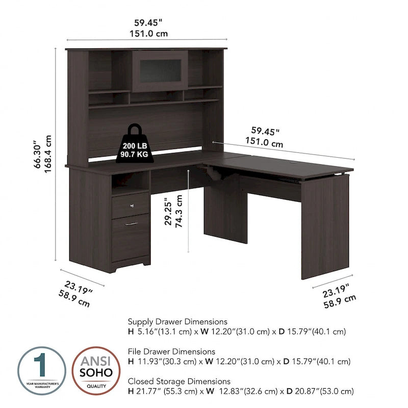 60" L-Shaped Sit-to-Stand Desk with Hutch and File Drawer