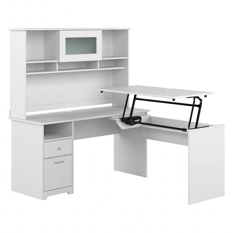 60" L-Shaped Sit-to-Stand Desk with Hutch and File Drawer