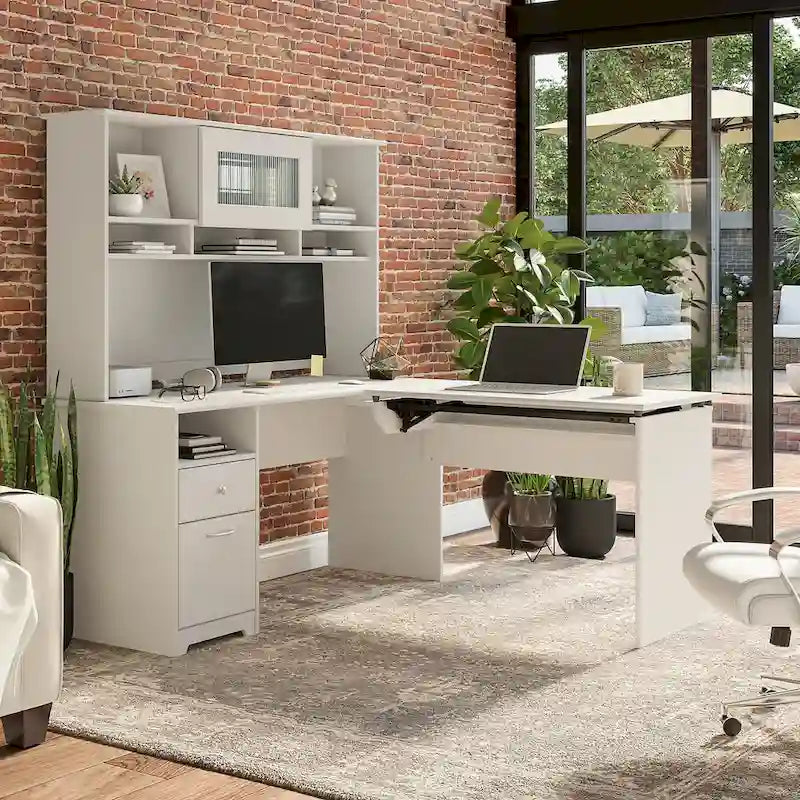 60" L-Shaped Sit-to-Stand Desk with Hutch and File Drawer