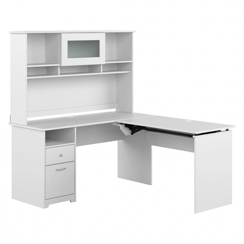 60" L-Shaped Sit-to-Stand Desk with Hutch and File Drawer