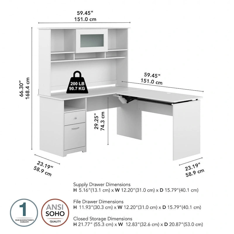 60" L-Shaped Sit-to-Stand Desk with Hutch and File Drawer