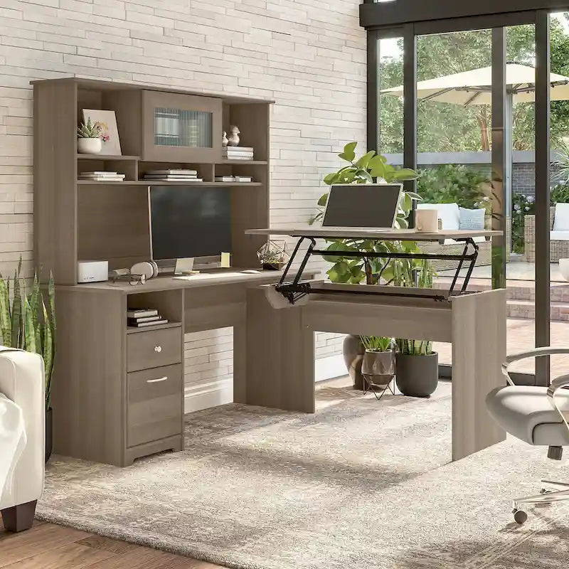 60" L-Shaped Sit-to-Stand Desk with Hutch and File Drawer