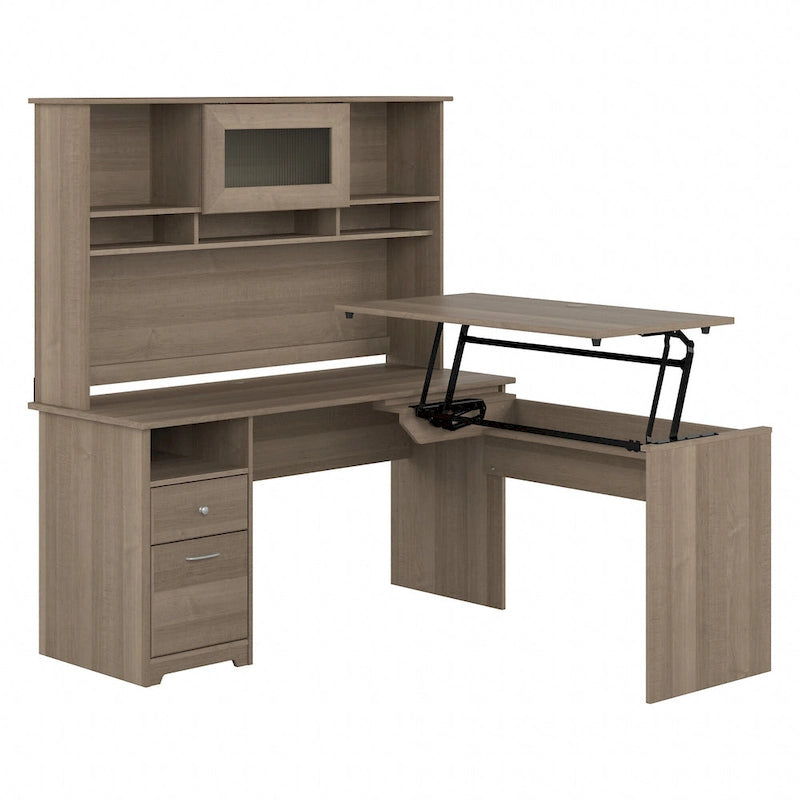 60" L-Shaped Sit-to-Stand Desk with Hutch and File Drawer
