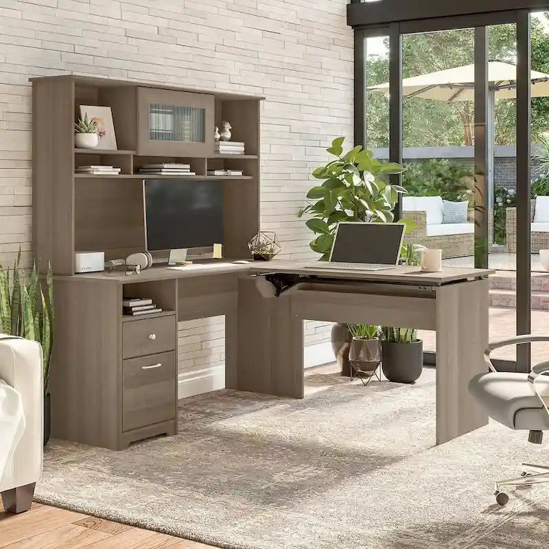 60" L-Shaped Sit-to-Stand Desk with Hutch and File Drawer