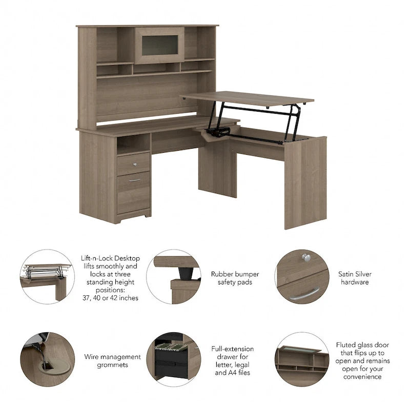 60" L-Shaped Sit-to-Stand Desk with Hutch and File Drawer