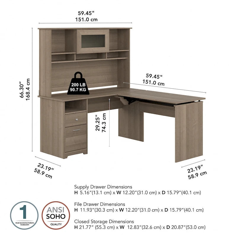 60" L-Shaped Sit-to-Stand Desk with Hutch and File Drawer