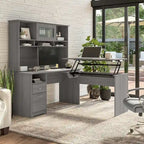 60" L-Shaped Sit-to-Stand Desk with Hutch and File Drawer