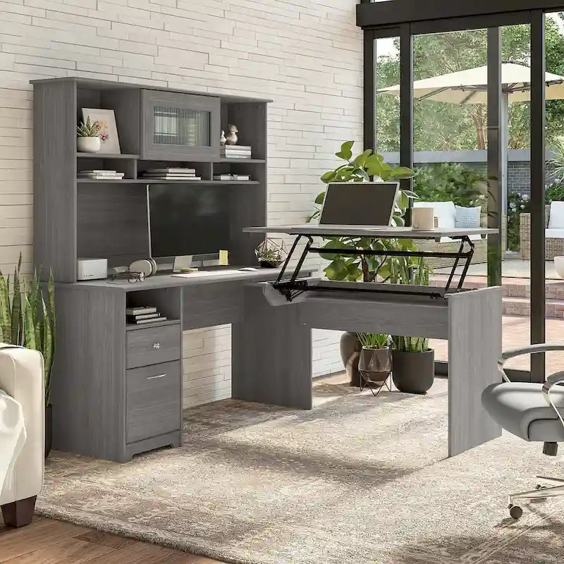 60" L-Shaped Sit-to-Stand Desk with Hutch and File Drawer