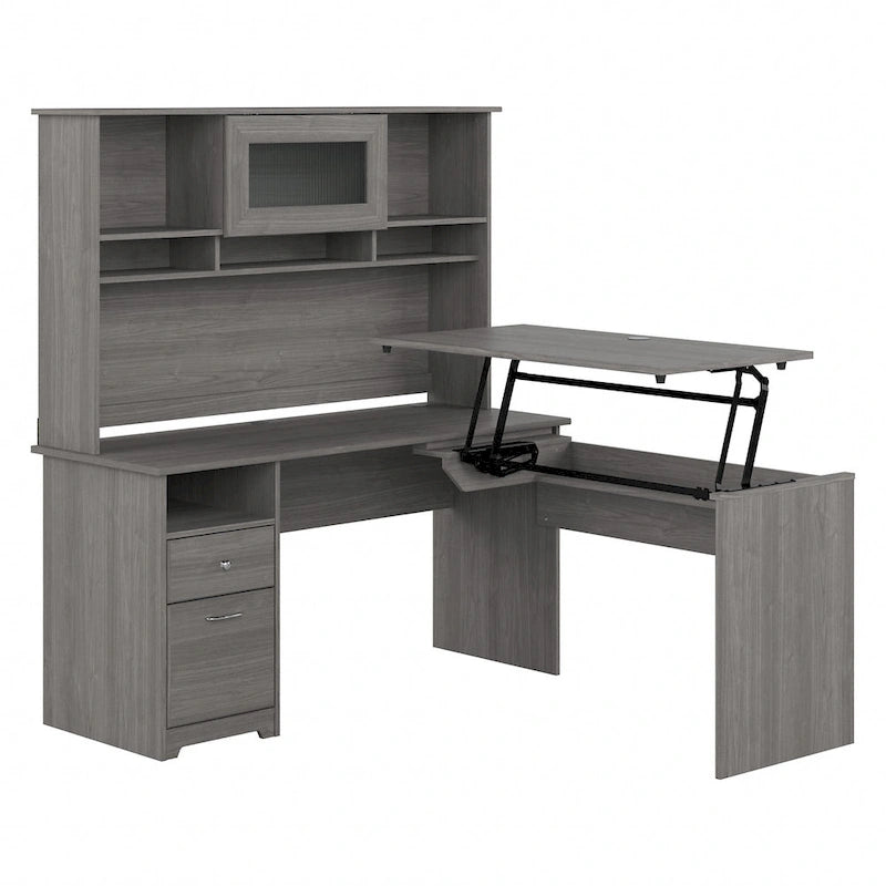 60" L-Shaped Sit-to-Stand Desk with Hutch and File Drawer