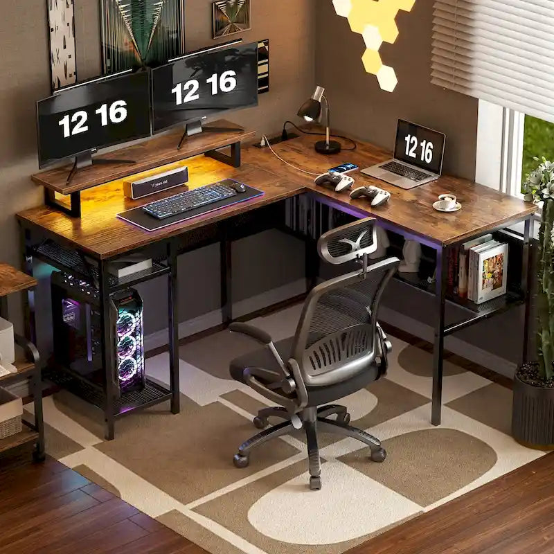 L-Shaped Computer Desk with Power Outlets, RGB LED, and Monitor Stand