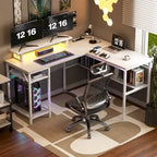 L-Shaped Computer Desk with Power Outlets, RGB LED, and Monitor Stand