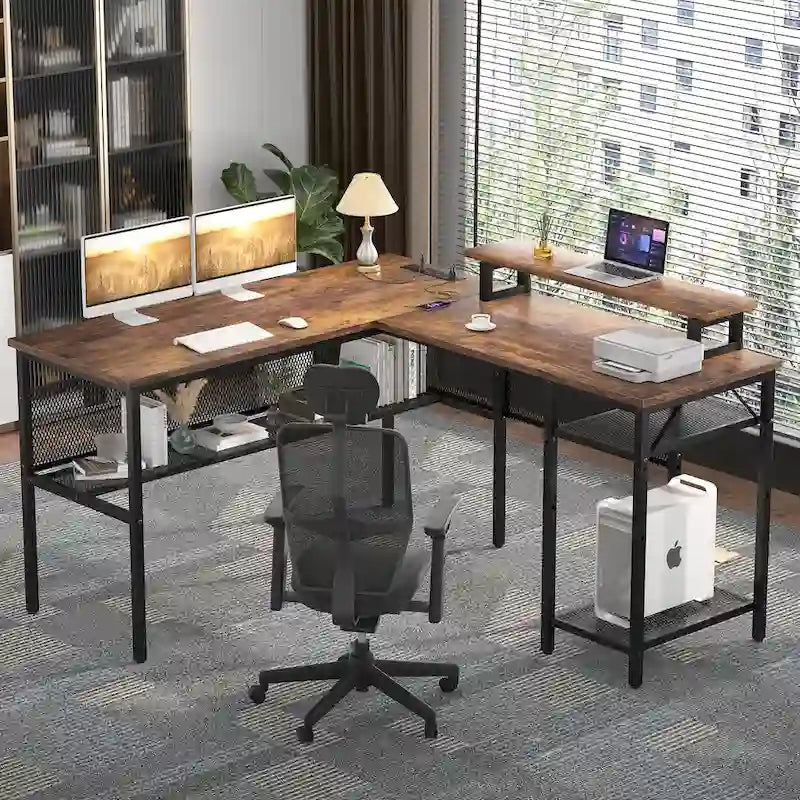L-Shaped Computer Desk with Power Outlets, RGB LED, and Monitor Stand
