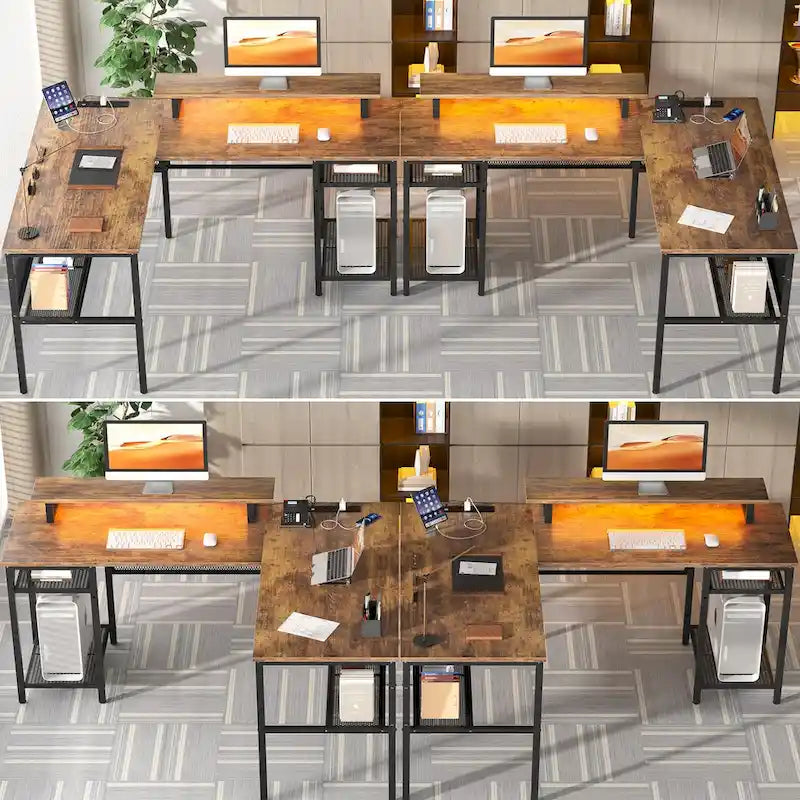 L-Shaped Computer Desk with Power Outlets, RGB LED, and Monitor Stand