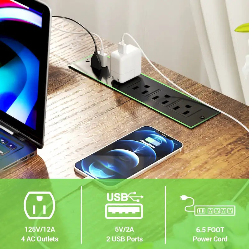 L-Shaped Computer Desk with Power Outlets, RGB LED, and Monitor Stand