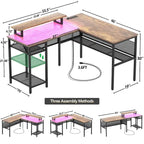 L-Shaped Computer Desk with Power Outlets, RGB LED, and Monitor Stand