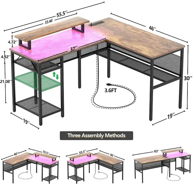 L-Shaped Computer Desk with Power Outlets, RGB LED, and Monitor Stand