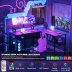 L-Shaped Computer Desk with Power Outlets, RGB LED, and Monitor Stand