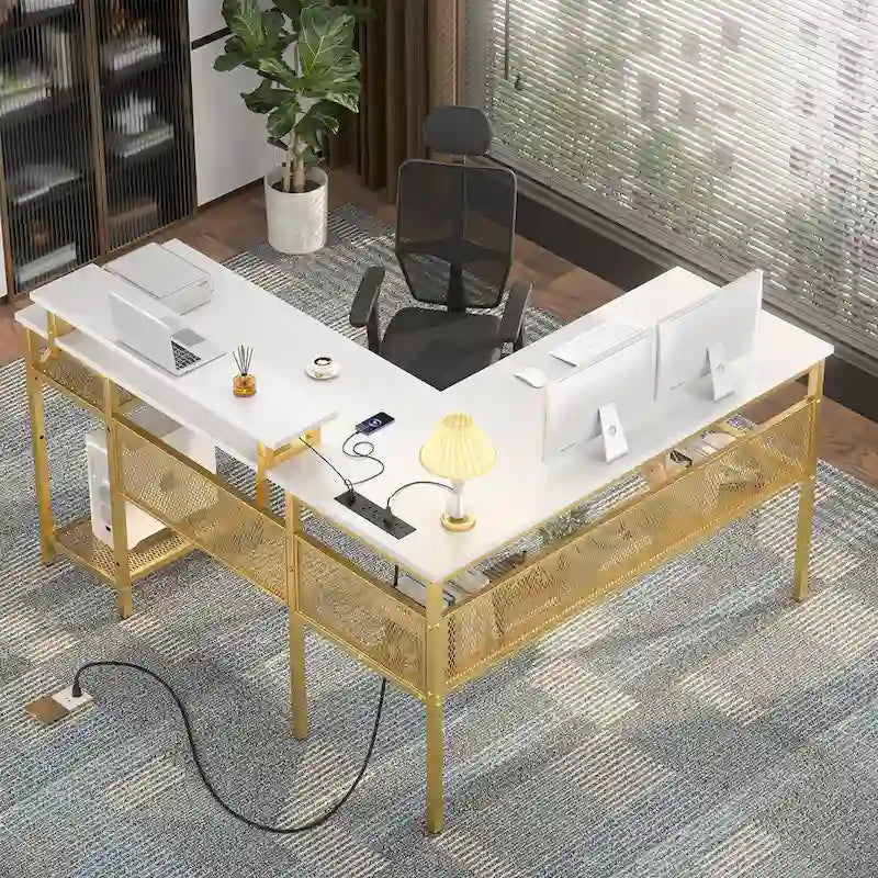 L-Shaped Computer Desk with Power Outlets, RGB LED, and Monitor Stand