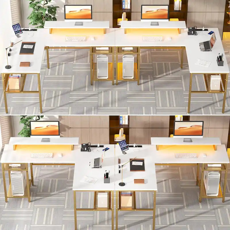 L-Shaped Computer Desk with Power Outlets, RGB LED, and Monitor Stand