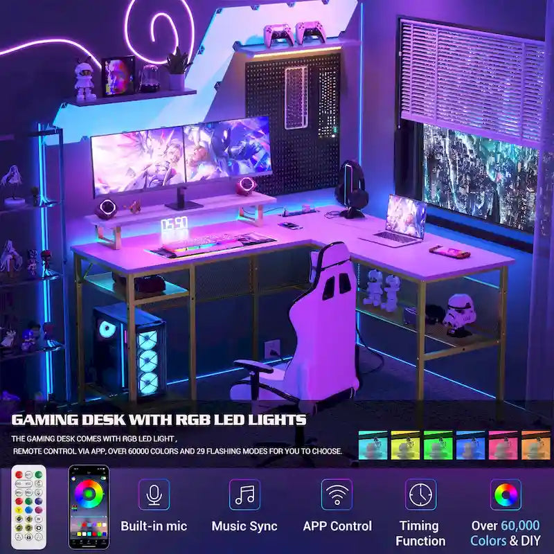 L-Shaped Computer Desk with Power Outlets, RGB LED, and Monitor Stand