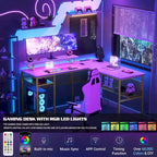 L-Shaped Computer Desk with Power Outlets, RGB LED, and Monitor Stand