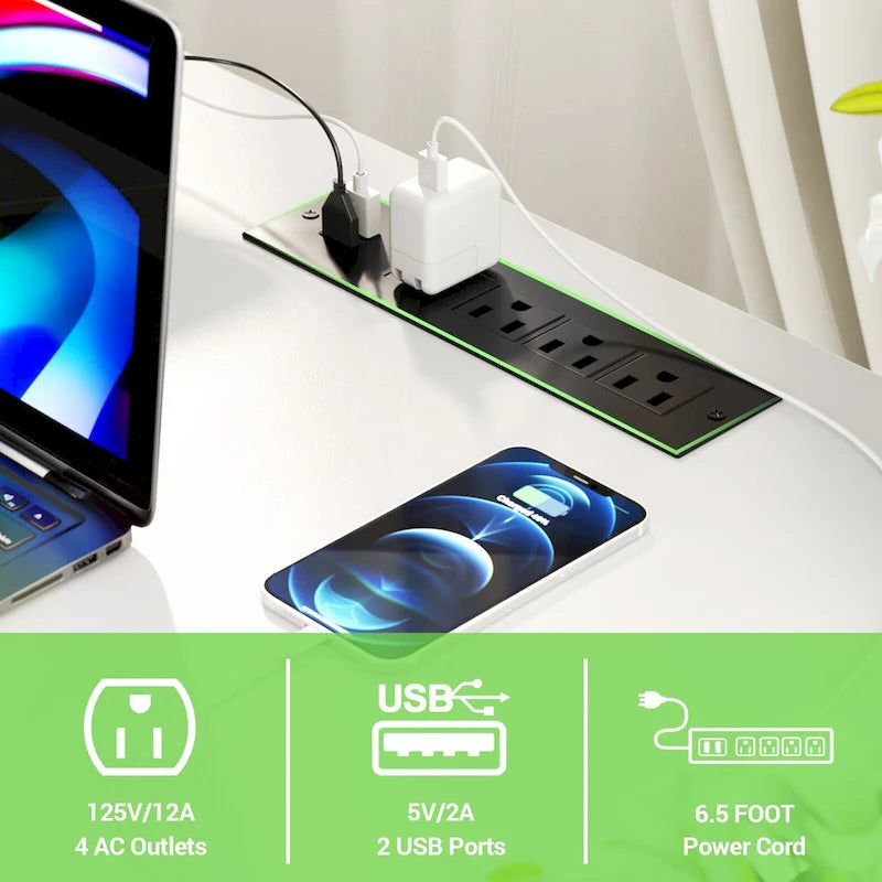 L-Shaped Computer Desk with Power Outlets, RGB LED, and Monitor Stand