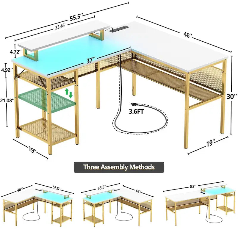 L-Shaped Computer Desk with Power Outlets, RGB LED, and Monitor Stand