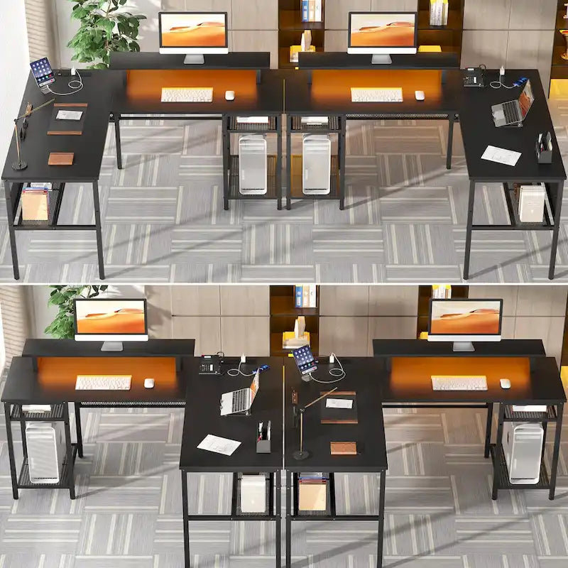 L-Shaped Computer Desk with Power Outlets, RGB LED, and Monitor Stand