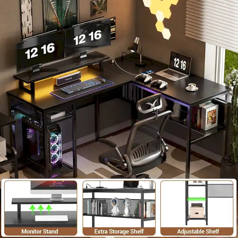 L-Shaped Computer Desk with Power Outlets, RGB LED, and Monitor Stand