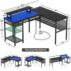L-Shaped Computer Desk with Power Outlets, RGB LED, and Monitor Stand