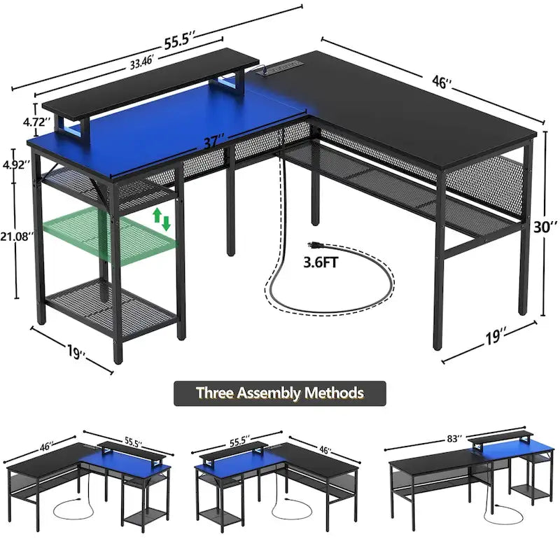 L-Shaped Computer Desk with Power Outlets, RGB LED, and Monitor Stand