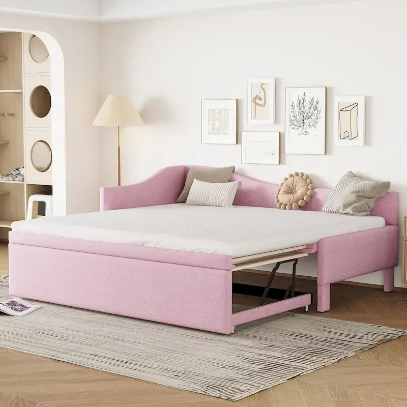 Twin Size L-Shaped Upholstered Daybed with Pop-Up Trundle – Pink