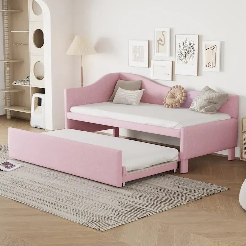 Twin Size L-Shaped Upholstered Daybed with Pop-Up Trundle – Pink