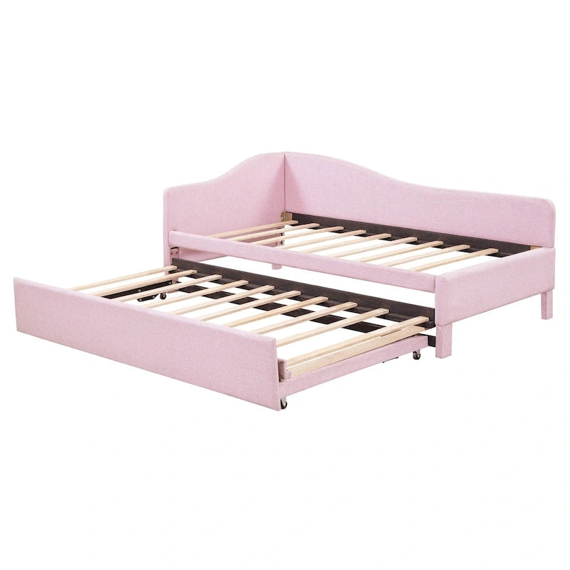 Twin Size L-Shaped Upholstered Daybed with Pop-Up Trundle – Pink
