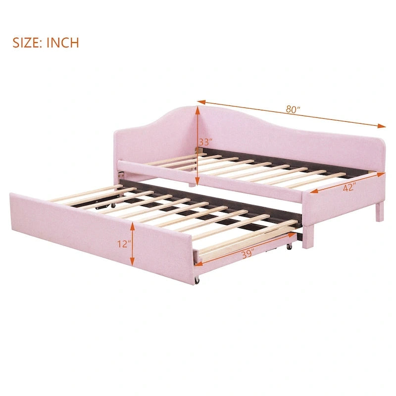 Twin Size L-Shaped Upholstered Daybed with Pop-Up Trundle – Pink