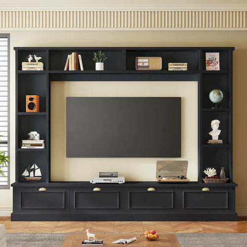 104.2" Wall Unit with TV Stand, Bookshelves, and Cabinets – Black