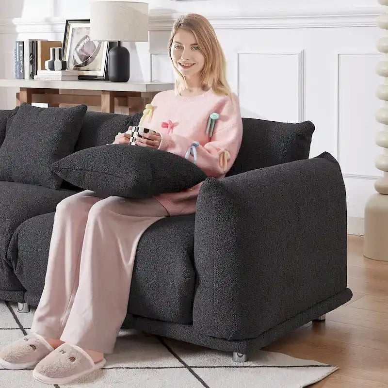 111" Oversized 3-Seater Sofa with Metal Legs – Black Sherpa