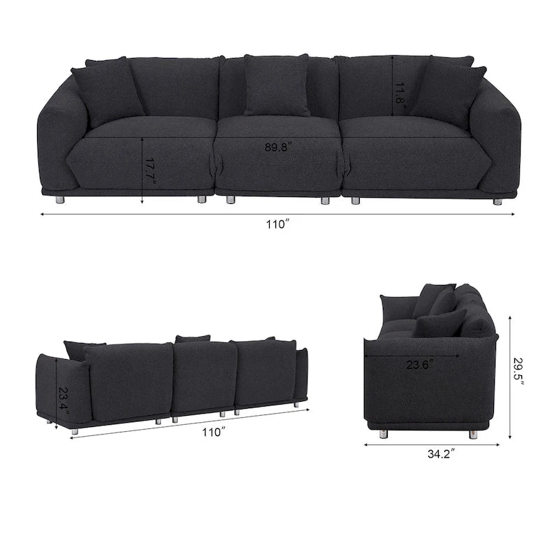 111" Oversized 3-Seater Sofa with Metal Legs – Black Sherpa
