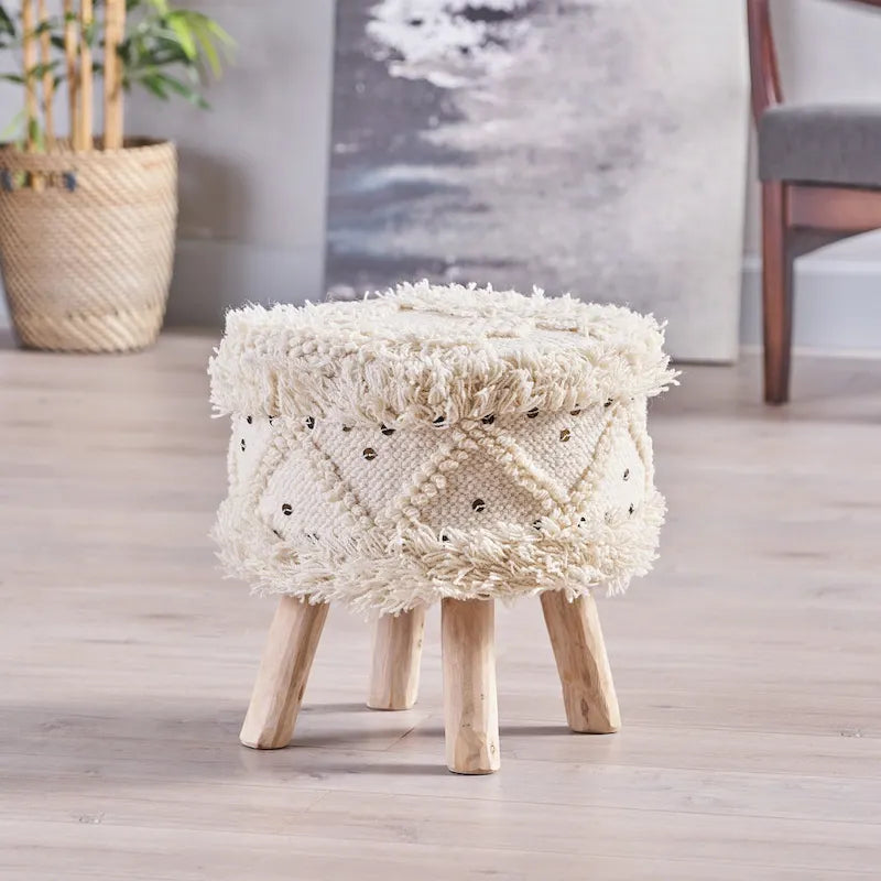 Boho Fabric Stool with Eucalyptus Wood Base