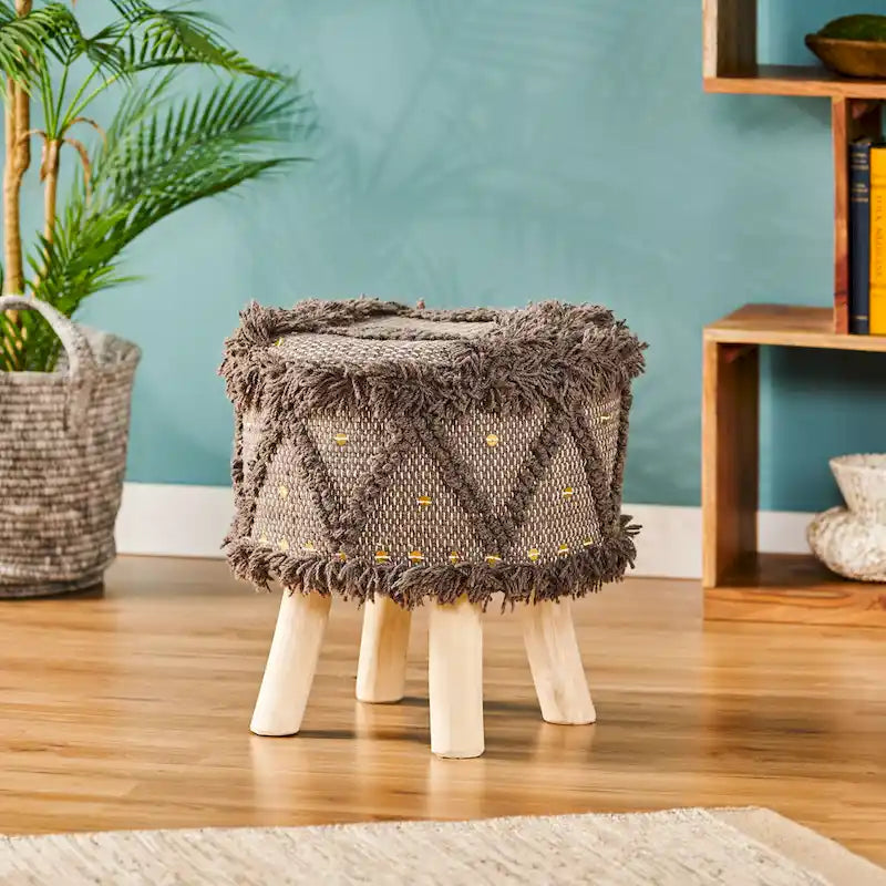Boho Fabric Stool with Eucalyptus Wood Base