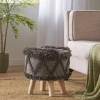 Boho Fabric Stool with Eucalyptus Wood Base