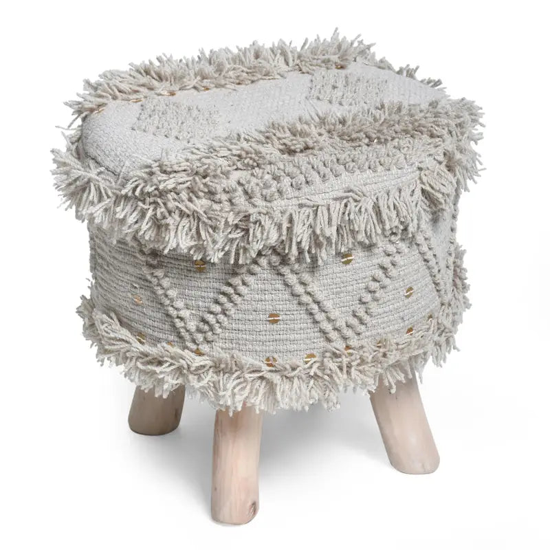 Boho Fabric Stool with Eucalyptus Wood Base