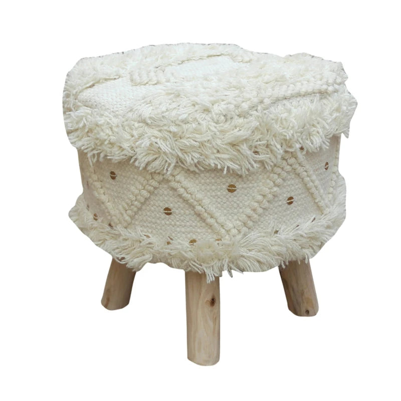 Boho Fabric Stool with Eucalyptus Wood Base