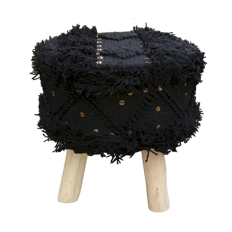 Boho Fabric Stool with Eucalyptus Wood Base